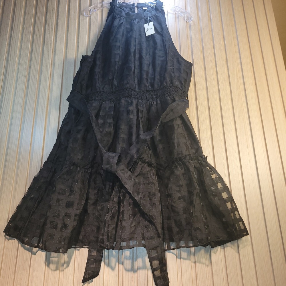 Zexxxy Black Halter Mini Dress Smocked Waist Textured Grid Tiered Ruffle 2XL NEW